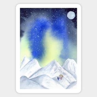 Camping in the Mountains with Northern Lights Watercolor Art Sticker